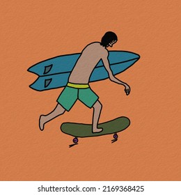 A man bring surfboard use in the road use skateboard,skate and surf