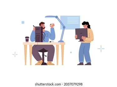 Man bringing broken computer to service repairman, flat vector illustration isolated on white background. Services and workshop for repair of household appliances.
