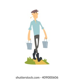 Man Bringing Buckets Of Water Flat Vector Simplified Childish Cartoon Style Illustration Isolated On White Background