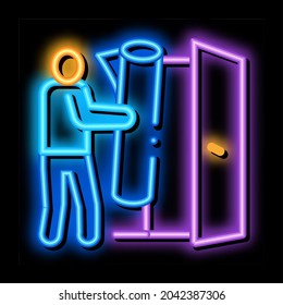 man bringing carpet to apartment neon light sign vector. Glowing bright icon man bringing carpet to apartment sign. transparent symbol illustration