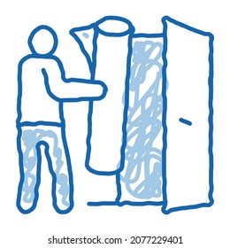 man bringing carpet to apartment sketch icon vector. Hand drawn blue doodle line art man bringing carpet to apartment sign. isolated symbol illustration