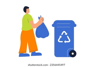 Man bringing garbage plastic sack to container for recycling. Vector.