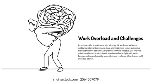 Man bringing a heavy load in continuous one line drawing. Illustrating work pressure, challenges, and the burden of responsibilities. Vector illustration.