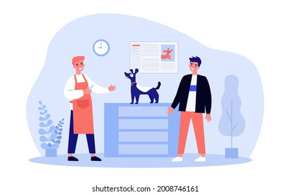 Man Bringing His Dog For Haircut To Groomer. Flat Vector Illustration. Owner Taking Care Of Appearance And Health Of His Pet, Groomer With Scissors. Care, Animal, Grooming, Hygiene, Dog Show Concept