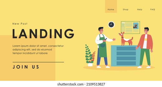 Man Bringing His Dog For Haircut To Groomer. Flat Vector Illustration. Owner Taking Care Of Appearance And Health Of His Pet, Groomer With Scissors. Care, Animal, Grooming, Hygiene, Dog Show Concept