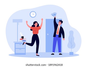 Man bringing salary to wife. Husband coming home with money, cash. Flat vector illustration. Family, income, budget concept for banner, website design or landing web page