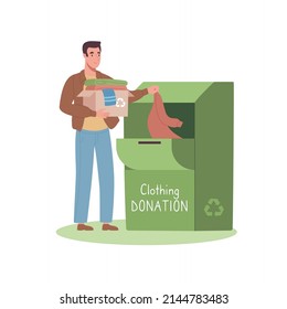 Man bringt gebrauchtes Kleidungsstück mit und setzt es in einen Spenderbehälter. Ein System für den Austausch und das Recycling gebrauchter Kleidung für Menschen, die Hilfe benötigen. Flache Vektorgrafik, Cartographie-Stil