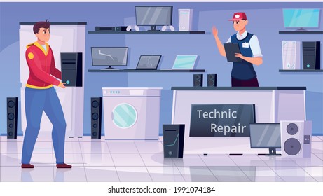 Man brings broken computer to repair office flat vector illustration