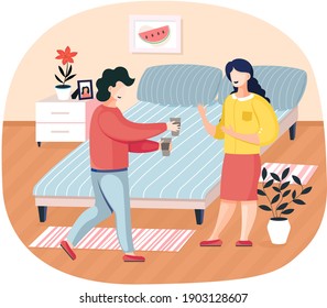 Man brings coffee to woman. Communication, discussion concept. Characters spend time at home. Employees are discussing business and affairs of work. Girl tells story to guy in bedroom flat vector