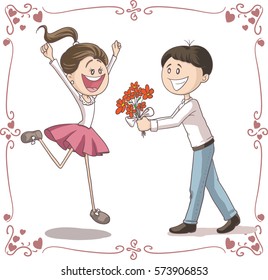 Man Brings Flowers to His Date Vector Cartoon Illustration - Vector illustration of boyfriend with a flower bouquet gift for his girlfriend
