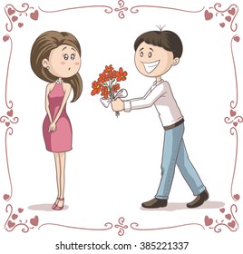 Man Brings Flowers to Shy Woman Vector Cartoon
Vector illustration of boyfriend with a flower bouquet gift for his girlfriend
