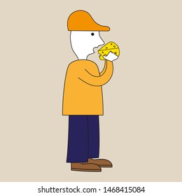 A man brings a piece of cheese to his mouth