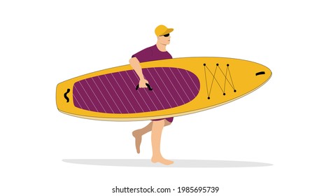 Man brings the sup board. Summer marine concept. Minimal illustration for landing page or advertisement design 