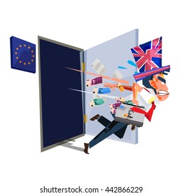 Man with Britain flag hat leaving from Europeans Union room. Brexit concept - vector illustration