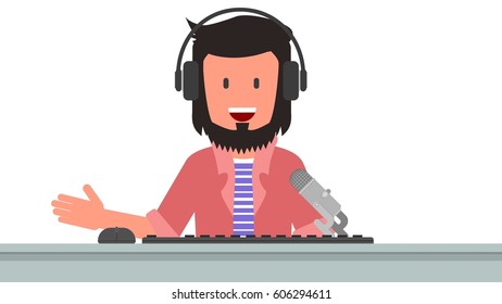 Man is broadcast online. Records video. Vector illustration. Flat style design. Isolated on a white background.