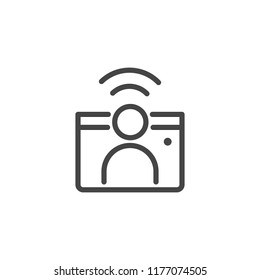 Man broadcasting via laptop concept icon. Pictograph of webinar, seminar, presentation online. Graphic contour logo. Vector illustration isolated on white background