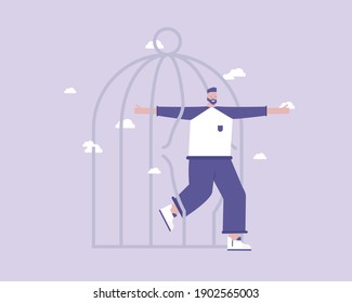 A man broke free. Freeing himself from inner blocks and clamps. 
Psychology concept. Vector illustration  for telework, remote working and freelancing concept, business, start up