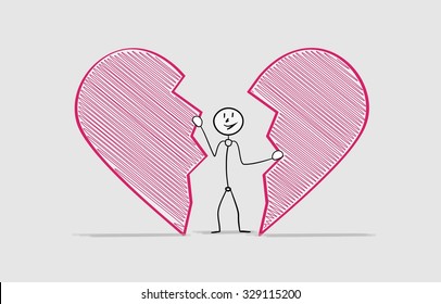 man broke a heart and stand in the middle of the heart, crosshatched image