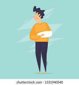 Man broke his arm. Gypsum on the hand. Traumatology.  Flat design vector illustration