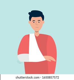 Hombre con un brazo roto. Banda. Ilustración vectorial plana.