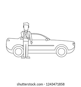 Man with broken arm and car black and white