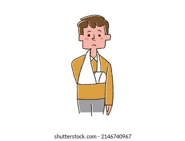 A man with a broken arm, a comical handwritten person, vector, line drawing and color
