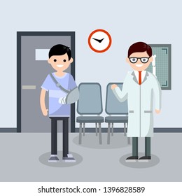 Man with a broken arm in the doctor's office. The provision of medical care in the hospital. X-ray hand. male Patient and the injury.