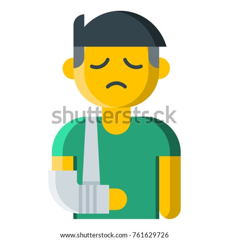 Man with a broken arm flat icon. Vector illustration of patient with a sling to support a dislocated shoulder. Isolated on white background. 