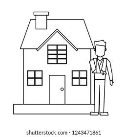 Man with broken arm and house black and white