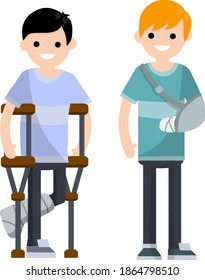 Man with broken arm and leg. Cartoon flat illustration. Illness and injury. Bandage, crutch. medical healthcare. Young guy and boy