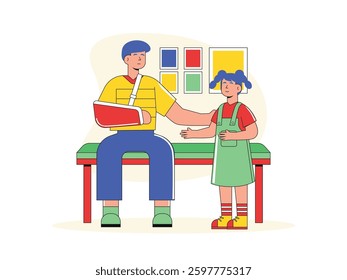 A man with a broken arm, sitting on a chair in a hospital queue for a check-up. Design character. Vector flat illustration