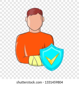 Man with broken arm and sky blue shield with tick icon in cartoon style on a background for any web design 