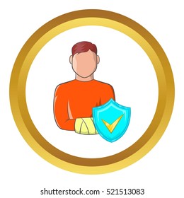 Man with broken arm and sky blue shield with tick vector icon in golden circle, cartoon style isolated on white background