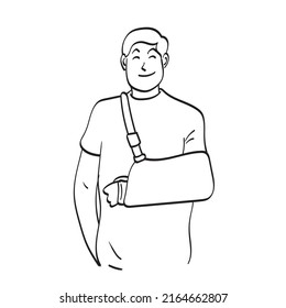 man with a broken arm wearing an arm splint illustration vector hand drawn isolated on white background line art.