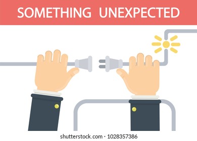 Man with broken cable pointing. Error or mistake.