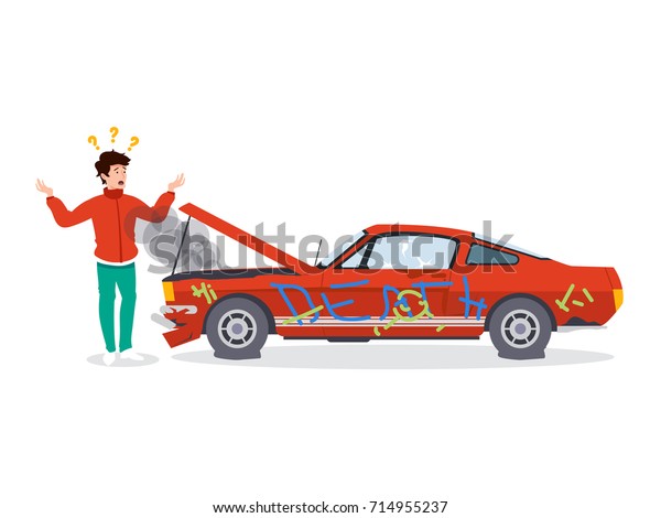 man with broken car\
flat illustration