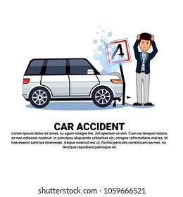 Man With Broken Car Over Background With Copy Space Accident On Road Concept