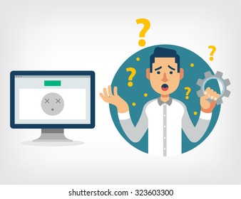 Man with broken computer. Vector flat illustration