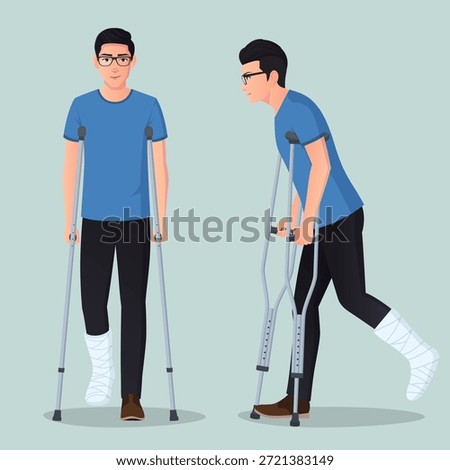 Man with a Broken Foot Walking with Crutches, Young man with cast bandage on Leg Front and Side View Vector File