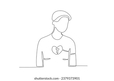A man with a broken heart. Breakup one-line drawing