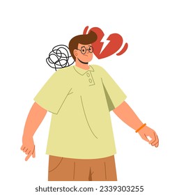 Man with broken heart concept. Character with bad thoughts. Frustration, depression and sadness. Emotional health and psychology. Cartoon flat vector illustration isolated on white background