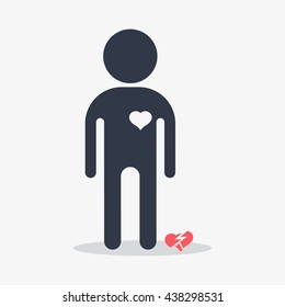 Man with broken heart. Objects isolated on a white background. Flat vector illustration.