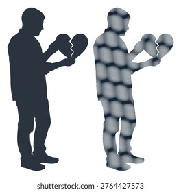 Man with broken heart, relationships, sadness, love loss, patterned silhouette, grief concept.