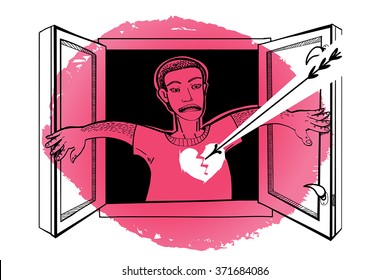 Man with Broken Heart vector concept illustration.Contemporary art style - graphic drawing with grunge red blotch as background and application element. Man open window and got arrow in chest.