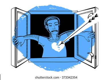 Man With Broken Heart Vector Concept Illustration.Contemporary Art Style - Graphic Drawing With Grunge Blue Blotch As Background And Application Element. Man Open Window And Got Arrow In Chest.