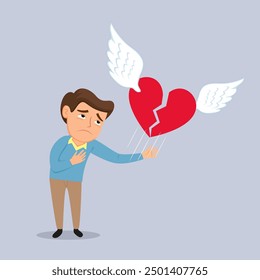  Un hombre con el corazón roto mirando su corazón volando lejos, personaje de dibujos animados hombre desconsolado. Plano, Vector, ilustración, dibujos animados, EPS10.  