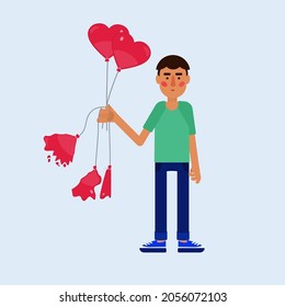 Man with broken hearts balloons. Man holding balloons with heart shapes. Exploding and deflated balloons. Metaphor of breakup, heartbroken person.