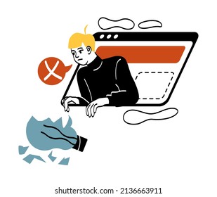 Hombre con idea rota. Carácter sobre borde. Tecnologías modernas, navegador y página web. Imágenes minimalistas, elementos gráficos para el sitio web. Bombilla rota, fragmentos. Dibujo vectorial plano de dibujos animados