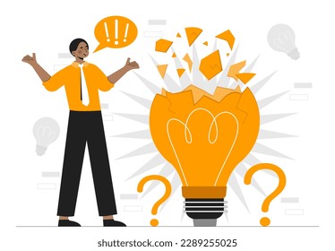 Man with broken lamp. Bad idea for start up or business project. Young guy with crashed light bulb. Unsuccessful entrepreneur or businessman, wrong planning. Cartoon flat vector illustration