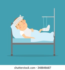 Man with broken leg cartoon illustration. Hospital care. Accident consequences. Vector illustration.